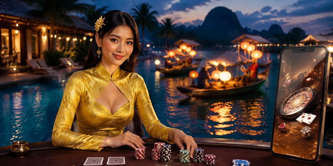 Người chơi trải nghiệm game bài mk3 tại Nha Trang với áo dài